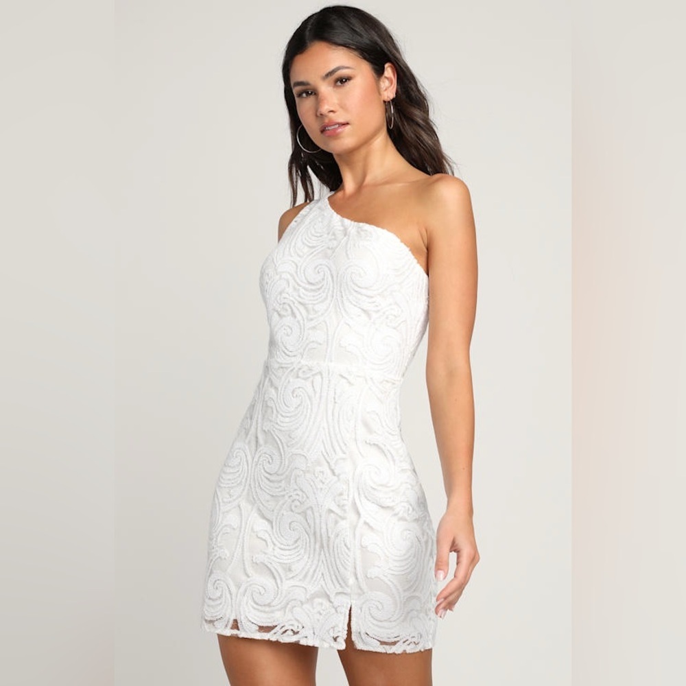 Madina White Sequin One-Shoulder Bodycon Mini Dress Lulus